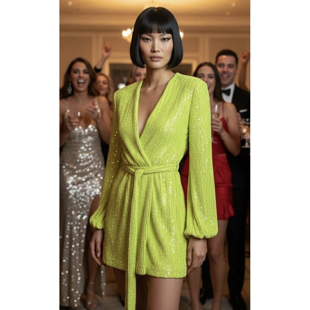 Sequin Wrap Midi Dress in Lime Green